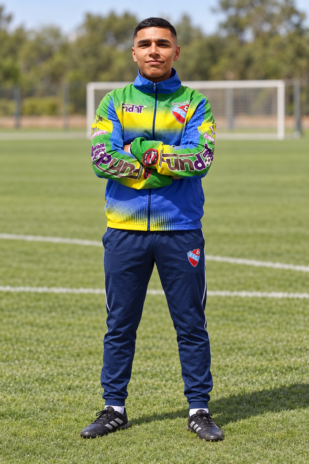 Kevin Díaz, profesor de Categorías Infantiles, en retrato retocado sobre una cancha de fútbol